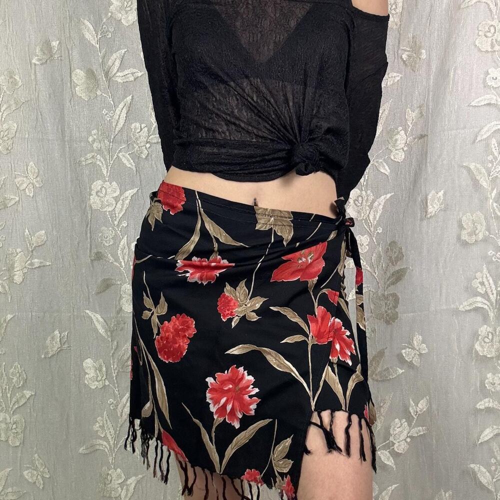 Floral Fringe Wrap Mini Skirt - Black & Red Hibiscus Tie Sarong